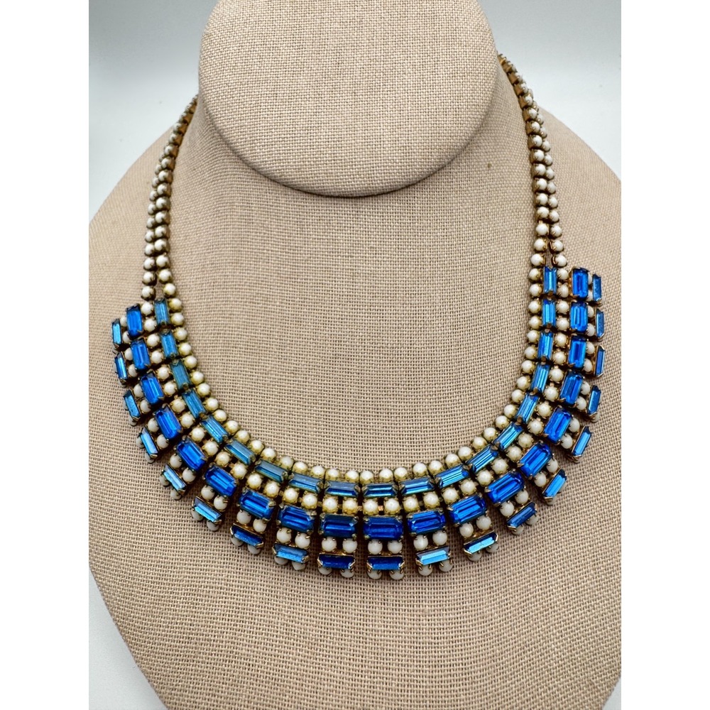 Vintage Rhinestone Necklace Bib Blue Baguette Milk Glass Tiered 1950s Statement